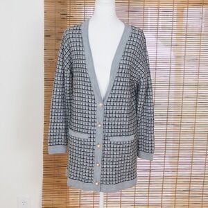 Talbots Pure Merino Wool Long Cardigan Sweater Grey Black Pearl Button Medium